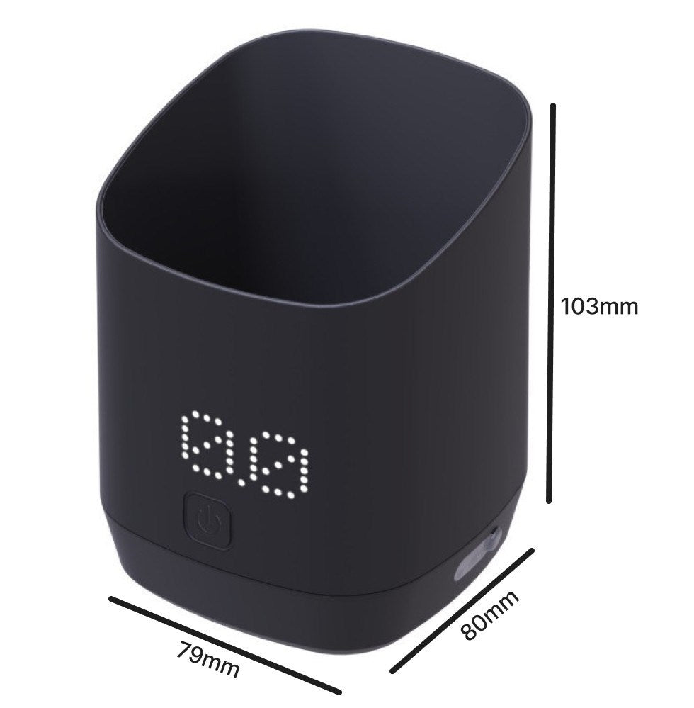 Black electronic device with digital display and dimensions on a white background